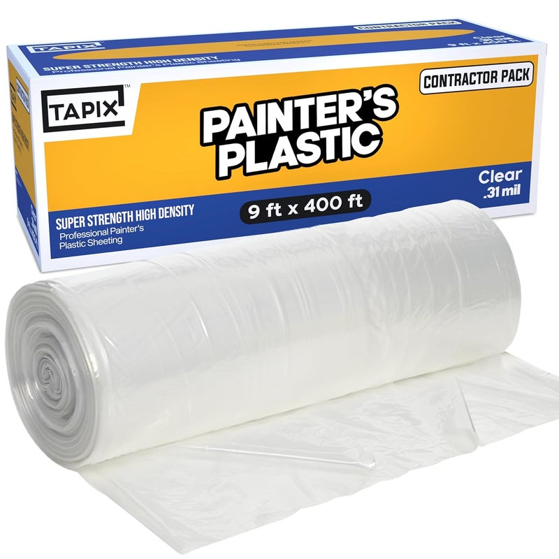 TAPIX Painter's Plastic Film, 400' Length x 9' Width High, High Density Painters Plastic Sheeting Roll in Box with Dispense Hole for Easy Paint Plastic Covering - Image 1